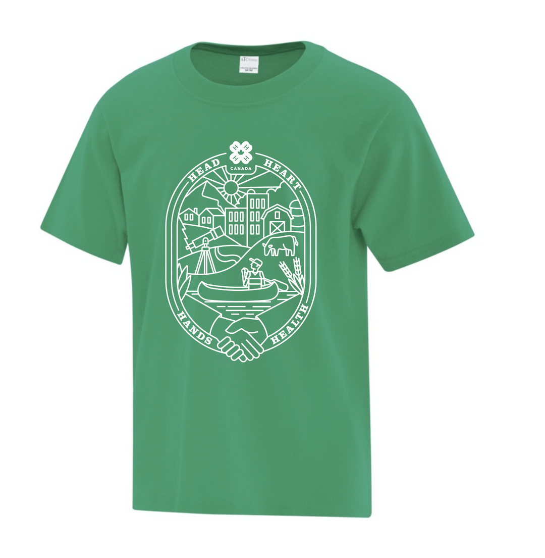 Youth t-shirt in English. White design on a green shirt.