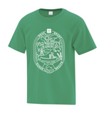Youth t-shirt in English. White design on a green shirt.